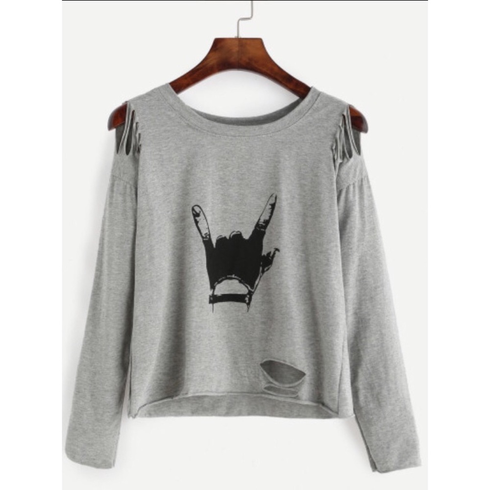 Grey gesture print distressed T-shirt